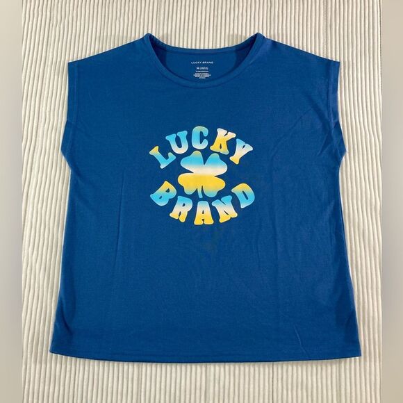 Lucky Brand Girls M Blue Sleeveless Tee Clover Logo Flame Resistant Casual - Picture 1 of 6